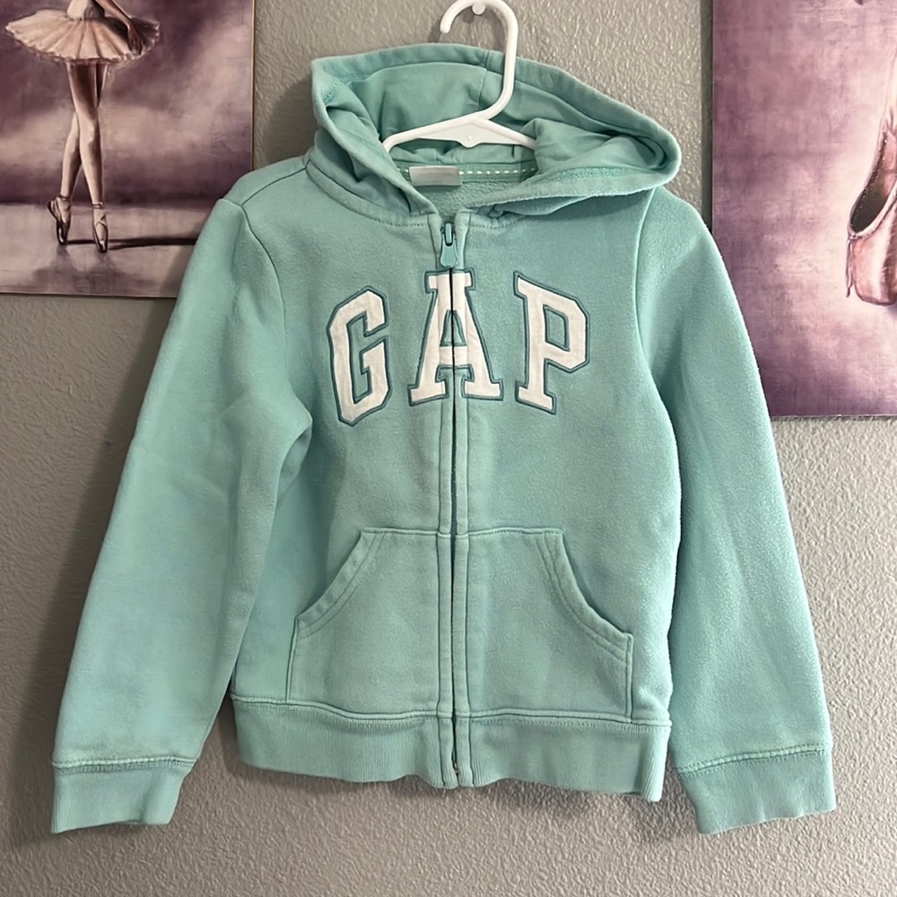 GAP Girl logo zip up Hoodie Sweater size 5 used aqua blue